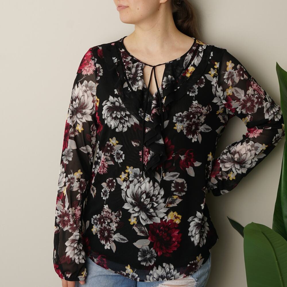 White House Black Market Long Sleeve Mesh Ruffle Top in Dark Berry with Ecru NWT